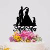 Bride And Groom Silhouette Cake Topper For Wedding With Dog Black Acrylic Custom Cake Topper With Sphynx Cat And Shiba Inu Bride And Groom Personalized Cake Toppers Mr & Mrs Wedding Cake Toppers view 4