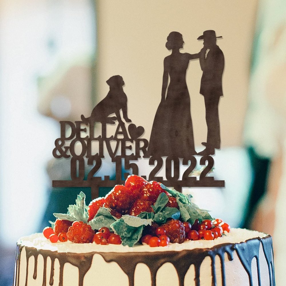 Bride And Groom Silhouette Wedding Cake Toppers With Dog Wood Brown Custom Cake Topper With Dog Doberman And Shih Tzu Mr And Mrs Cake Topper For Wedding Bridal Shower Cake Toppers
