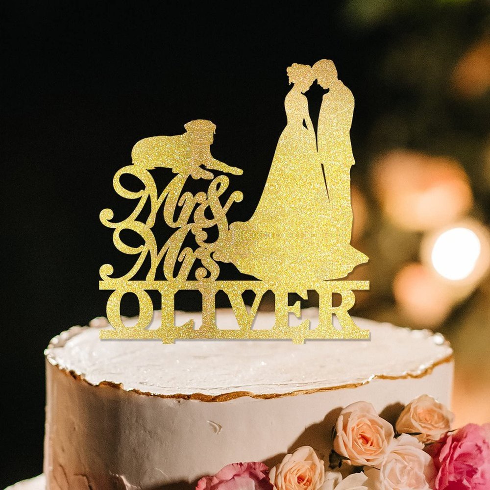 Bride And Groom Silhouette Wedding Cake Toppers With Rottweiler And Labrador Retriever Bride And Groom Wedding Cake Topper Mr Mrs Couple Cake Toppers Gold Acrylic Custom Cake Topper