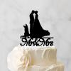 Bride And Groom Silhouette Rustic Wedding Cake Toppers With Sphynx Cat And Dachshund Mr & Mrs Personalised Wedding Cake Topper Bride And Groom Cake Toppers Black Acrylic Custom Cake Topper view 3