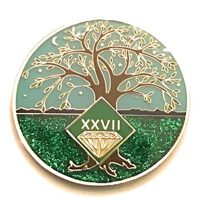 27 Year NA Medallion - Green & Blue Tree of Life , Glitter, Bling, Clean Recovery Chip, Token, Coin
