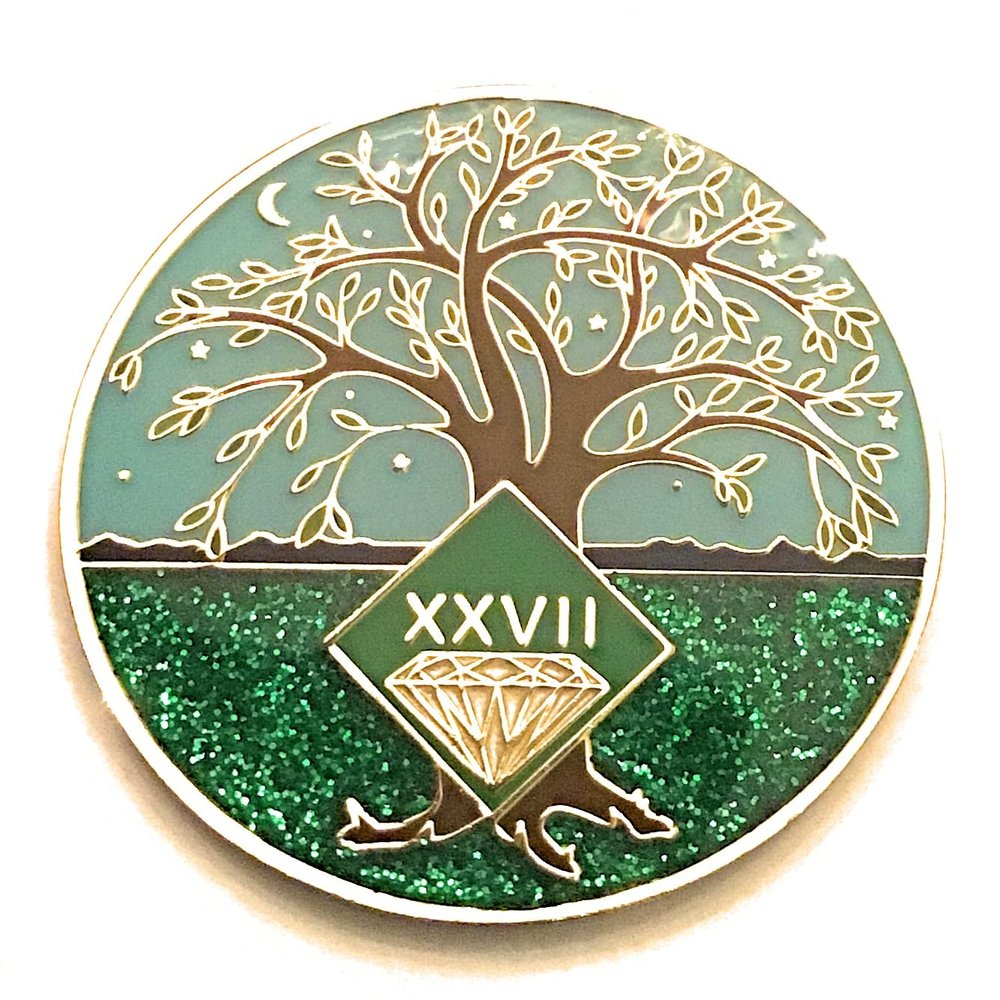 27 Year NA Medallion - Green & Blue Tree of Life , Glitter, Bling, Clean Recovery Chip, Token, Coin
