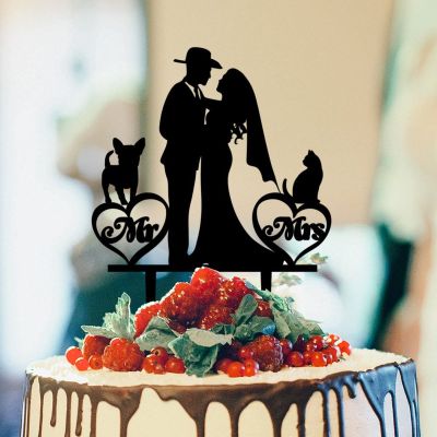Bride And Groom Silhouette Wedding Cake Topper With Dog Black Acrylic Custom Cake Topper With Pug Dog And Border Collie Mr & Mrs Personalised Wedding Cake Topper Married Couple Cake Toppers