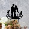 Bride And Groom Silhouette Wedding Cake Topper With Dog Black Acrylic Custom Cake Topper With Pug Dog And Border Collie Mr & Mrs Personalised Wedding Cake Topper Married Couple Cake Toppers view 2