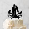 Bride And Groom Silhouette Wedding Cake Topper With Dog Black Acrylic Custom Cake Topper With Pug Dog And Border Collie Mr & Mrs Personalised Wedding Cake Topper Married Couple Cake Toppers view 3