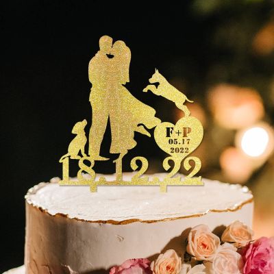 Bride And Groom Silhouette Cake Toppers With Dog Gold Acrylic Custom Cake Topper With Shiba Inu Dog Silhouette Mr And Mrs Cake Topper For Wedding Married Anniversary Cake Topper