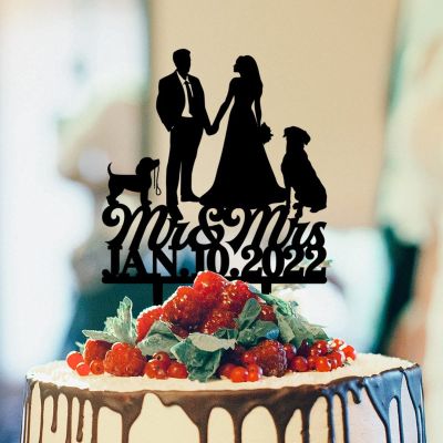 Bride And Groom Silhouette Wedding Cake Toppers With Jack Russell Terrier And Rottweiler Black Acrylic Custom Cake Topper Bride And Groom Wedding Cake Topper Mr Mrs Couple Cake Toppers