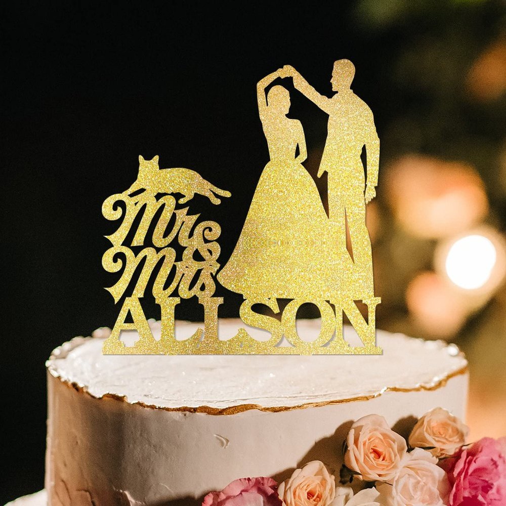 Bride And Groom Silhouette Rustic Wedding Cake Toppers With Dog Gold Acrylic Custom Cake Topper With Pug Dog And Orange Cat Anniversary Cake Toppers Bride And Groom Cake Topper For Wedding