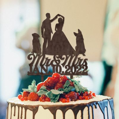 Bride And Groom Wedding Cake Topper Mr Mrs Couple Cake Toppers Bride And Groom Silhouette Rustic Wedding Cake Topper With Basset Hound Dog Silhouette Wood Brown Custom Cake Topper