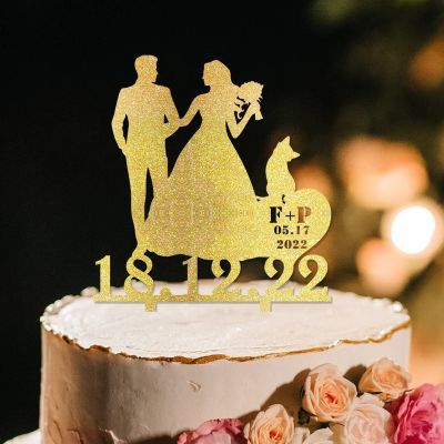Bride And Groom Silhouette Rustic Wedding Cake Toppers With German Shepherd Dog Silhouette Engagement Cake Toppers Mr & Mrs Personalised Wedding Cake Topper Gold Acrylic Custom Cake Topper