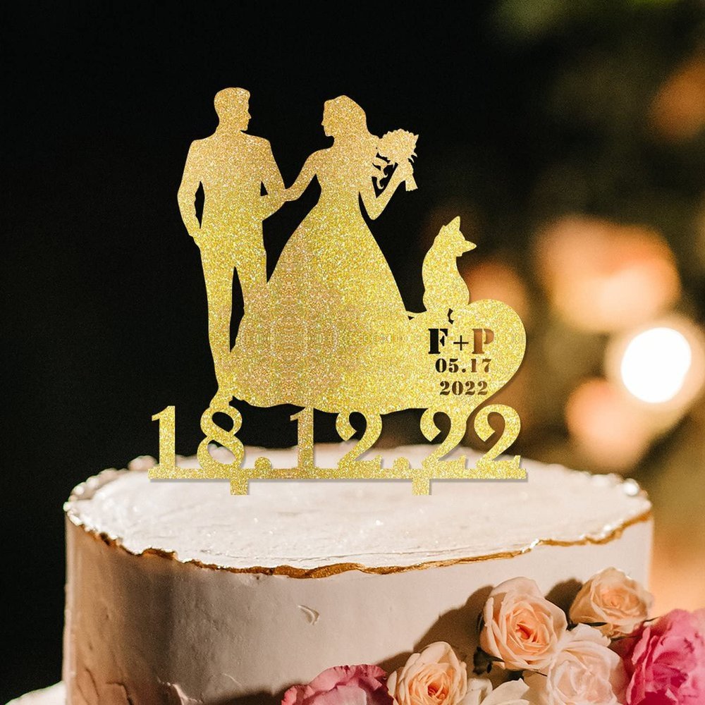 Bride And Groom Silhouette Rustic Wedding Cake Toppers With German Shepherd Dog Silhouette Engagement Cake Toppers Mr & Mrs Personalised Wedding Cake Topper Gold Acrylic Custom Cake Topper