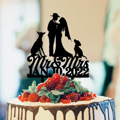 Mr And Mrs Wedding Cake Topper Couple Married Bride Cake Toppers Bride And Groom Silhouette Rustic Wedding Cake Topper With Dog Doberman And Poodle Black Acrylic Custom Cake Topper