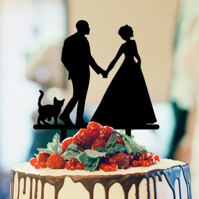 Bride And Groom Silhouette Cake Toppers With Golden Retriever Dog Silhouette Black Acrylic Custom Cake Topper Bride And Groom Personalized Cake Toppers Mr & Mrs Wedding Cake Toppers