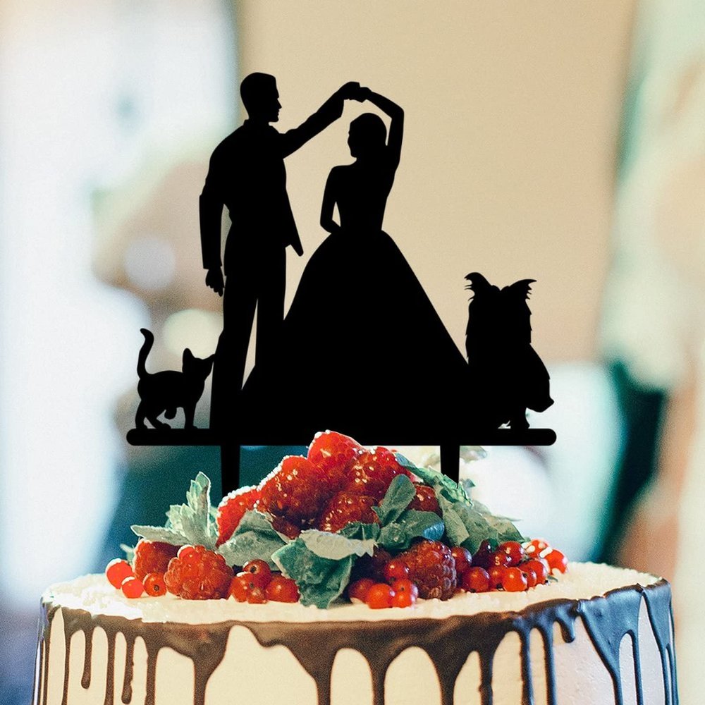 Bride And Groom Silhouette Cake Topper For Wedding With Dog Black Acrylic Custom Cake Topper With Pug Dog And Rottweiler Mr & Mrs Personalised Wedding Cake Topper Bride And Groom Cake Toppers