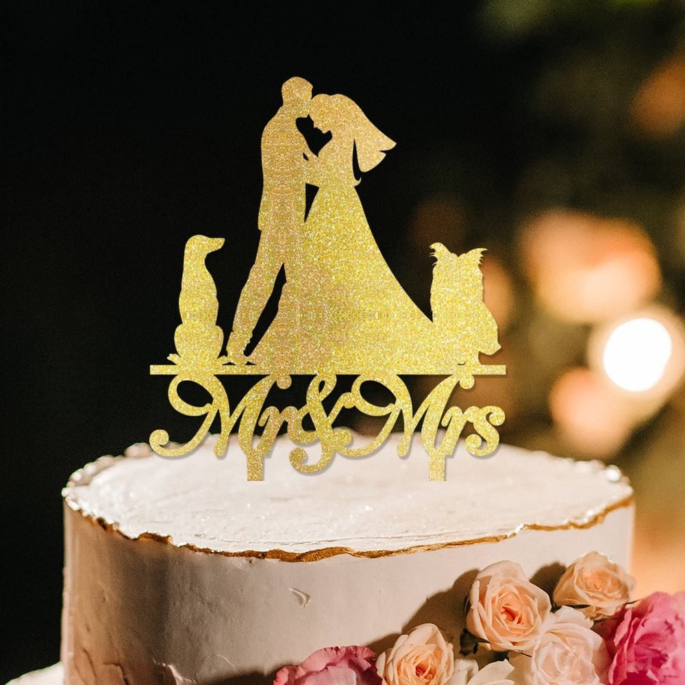 Mr And Mrs Cake Topper For Wedding Engagement Married Cake Topper Bride And Groom Silhouette Rustic Wedding Cake Topper With Labrador Retriever Dog Silhouette Gold Acrylic Custom Cake Topper