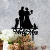 Bride And Groom Silhouette Rustic Cake Topper For Wedding With Dog Black Acrylic Custom Cake Topper With Jack Russell Terrier And Poodle Dog Engagement Cake Toppers Mr & Mrs Wedding Cake Toppers view 2
