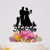 Bride And Groom Silhouette Rustic Cake Topper For Wedding With Dog Black Acrylic Custom Cake Topper With Jack Russell Terrier And Poodle Dog Engagement Cake Toppers Mr & Mrs Wedding Cake Toppers view 4