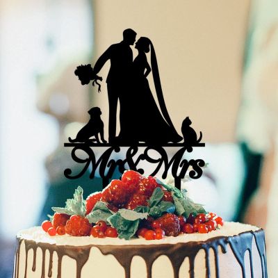 Bride And Groom Silhouette Wedding Cake Topper With Yorkshire Terrier Dog Silhouette Anniversary Cake Toppers Bride And Groom Cake Topper For Wedding Black Acrylic Custom Cake Topper