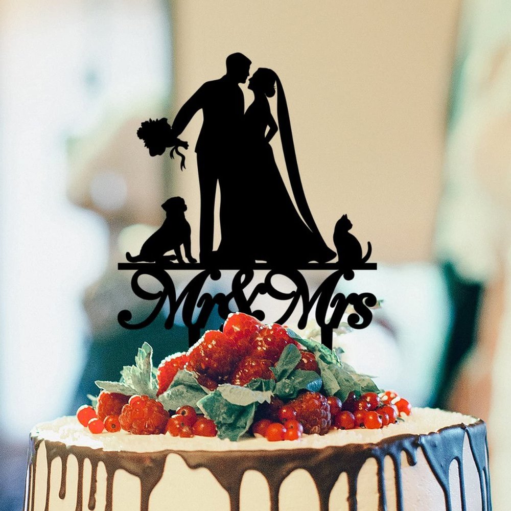 Bride And Groom Silhouette Wedding Cake Topper With Yorkshire Terrier Dog Silhouette Anniversary Cake Toppers Bride And Groom Cake Topper For Wedding Black Acrylic Custom Cake Topper