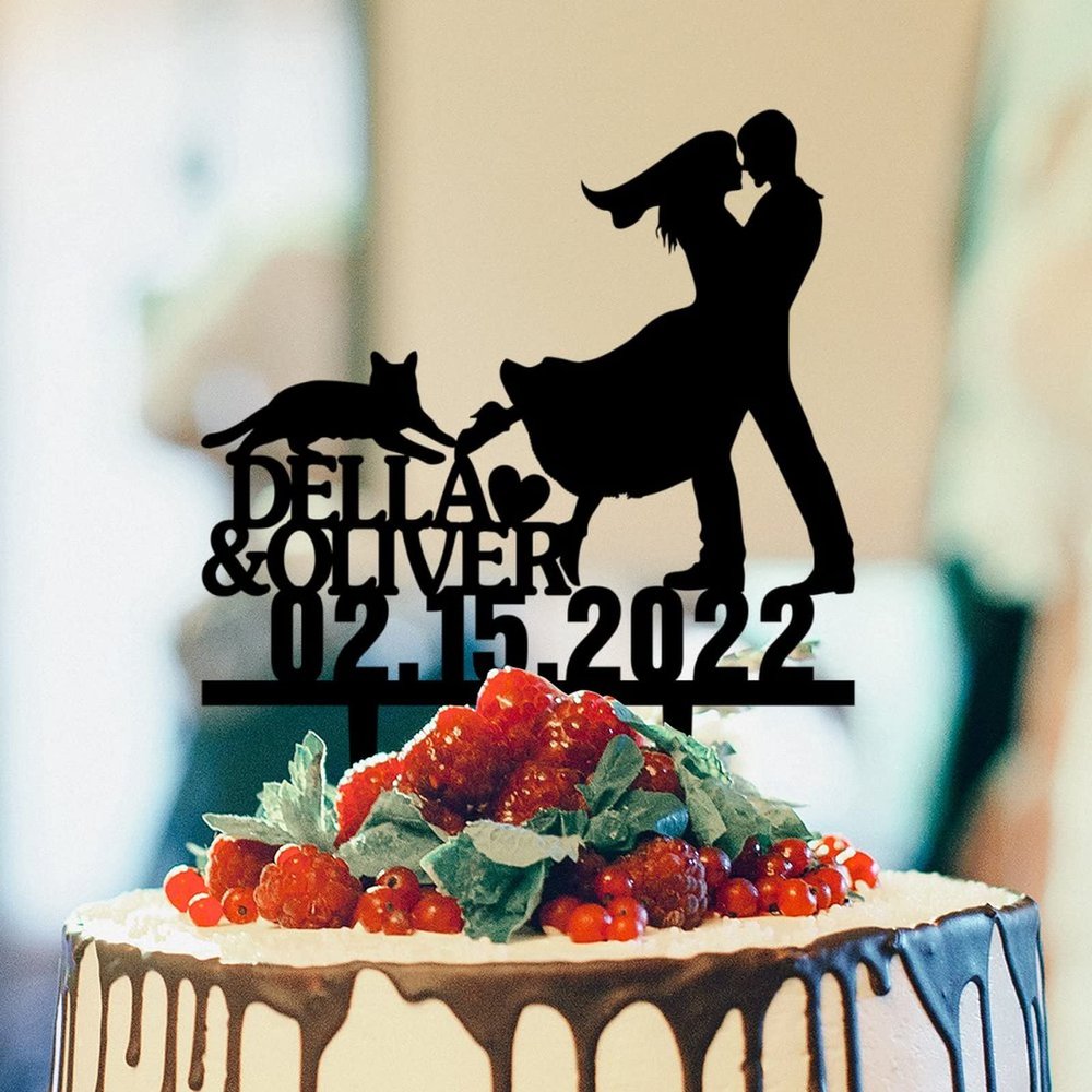 Bride And Groom Silhouette Cake Toppers For Wedding With Dog Black Acrylic Custom Cake Topper With Rottweiler Dog Silhouette Personalized Mr & Mrs Cake Topper Engagement Wedding Cake Toppers