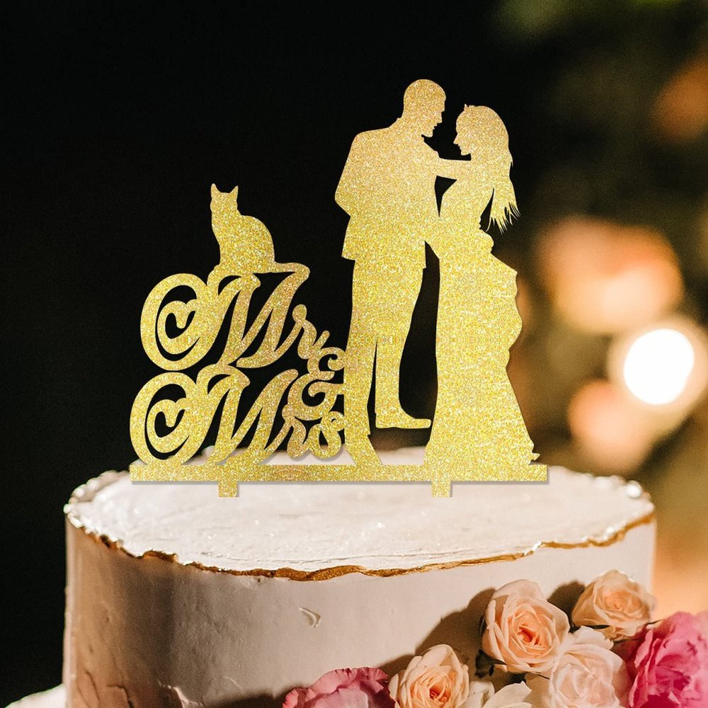 Mr And Mrs Cake Topper For Wedding Bride And Groom Married Cake Toppers Bride And Groom Silhouette Wedding Cake Toppers With Sphynx Cat And Yorkshire Terrier Gold Acrylic Custom Cake Topper