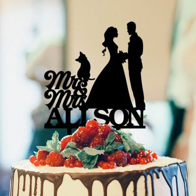 Bride And Groom Silhouette Wedding Cake Toppers With Dog Black Acrylic Custom Cake Topper With Pug Dog And Yorkshire Terrier Bride And Groom Personalized Cake Toppers Mr & Mrs Wedding Cake Toppers