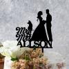 Bride And Groom Silhouette Wedding Cake Toppers With Dog Black Acrylic Custom Cake Topper With Pug Dog And Yorkshire Terrier Bride And Groom Personalized Cake Toppers Mr & Mrs Wedding Cake Toppers view 2