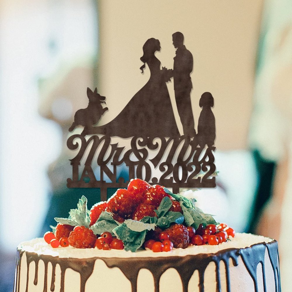 Bride And Groom Silhouette Cake Topper For Wedding With Jack Russell Terrier And Corgi Dog Mr And Mrs Cake Topper For Wedding Couple Married Cake Topper Wood Brown Custom Cake Topper