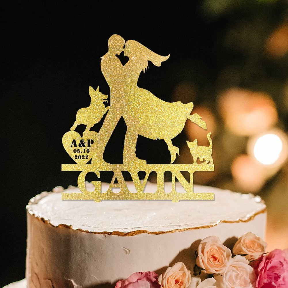 Bride And Groom Silhouette Rustic Wedding Cake Topper With Dog Gold Acrylic Custom Cake Topper With Pug Dog And Labrador Retriever Bride And Groom Cake Topper Couple Married Cake Toppers For Wedding