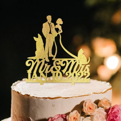Afro Black Couple Silhouette Rustic Wedding Cake Toppers With Pug Dog And Chihuahua Gold Acrylic Custom Cake Topper Mr And Mrs Cake Topper For Wedding Bride And Groom Married Cake Toppers