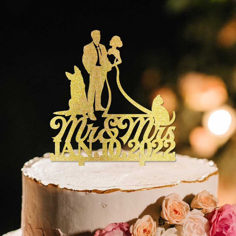 Afro Black Couple Silhouette Rustic Wedding Cake Toppers With Pug Dog And Chihuahua Gold Acrylic Custom Cake Topper Mr And Mrs Cake Topper For Wedding Bride And Groom Married Cake Toppers