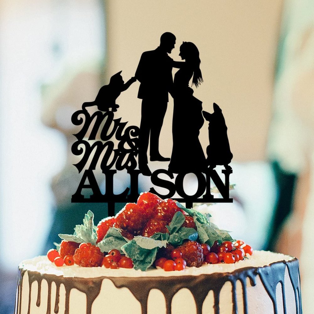 Bride And Groom Silhouette Rustic Cake Topper For Wedding With Poodle Dog Silhouette Black Acrylic Custom Cake Topper Mr And Mrs Cake Topper For Wedding Bridal Shower Cake Toppers