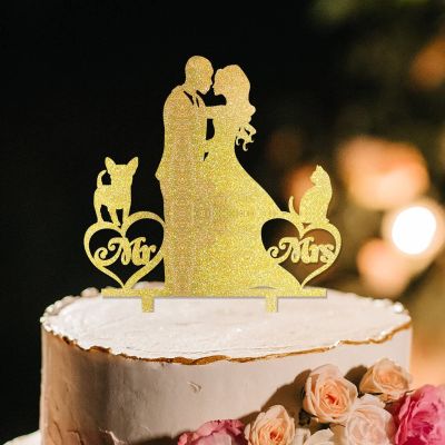 Bride And Groom Silhouette Cake Topper For Wedding With Sphynx Cat And Shiba Inu Gold Acrylic Custom Cake Topper Bride And Groom Cake Topper Couple Married Cake Toppers For Wedding
