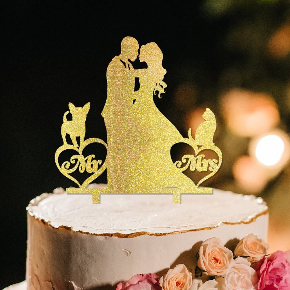 Bride And Groom Silhouette Cake Topper For Wedding With Sphynx Cat And Shiba Inu Gold Acrylic Custom Cake Topper Bride And Groom Cake Topper Couple Married Cake Toppers For Wedding