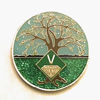 5 Year NA Medallion - Green & Blue Tree of Life , Glitter, Bling, Clean Recovery Chip, Token, Coin