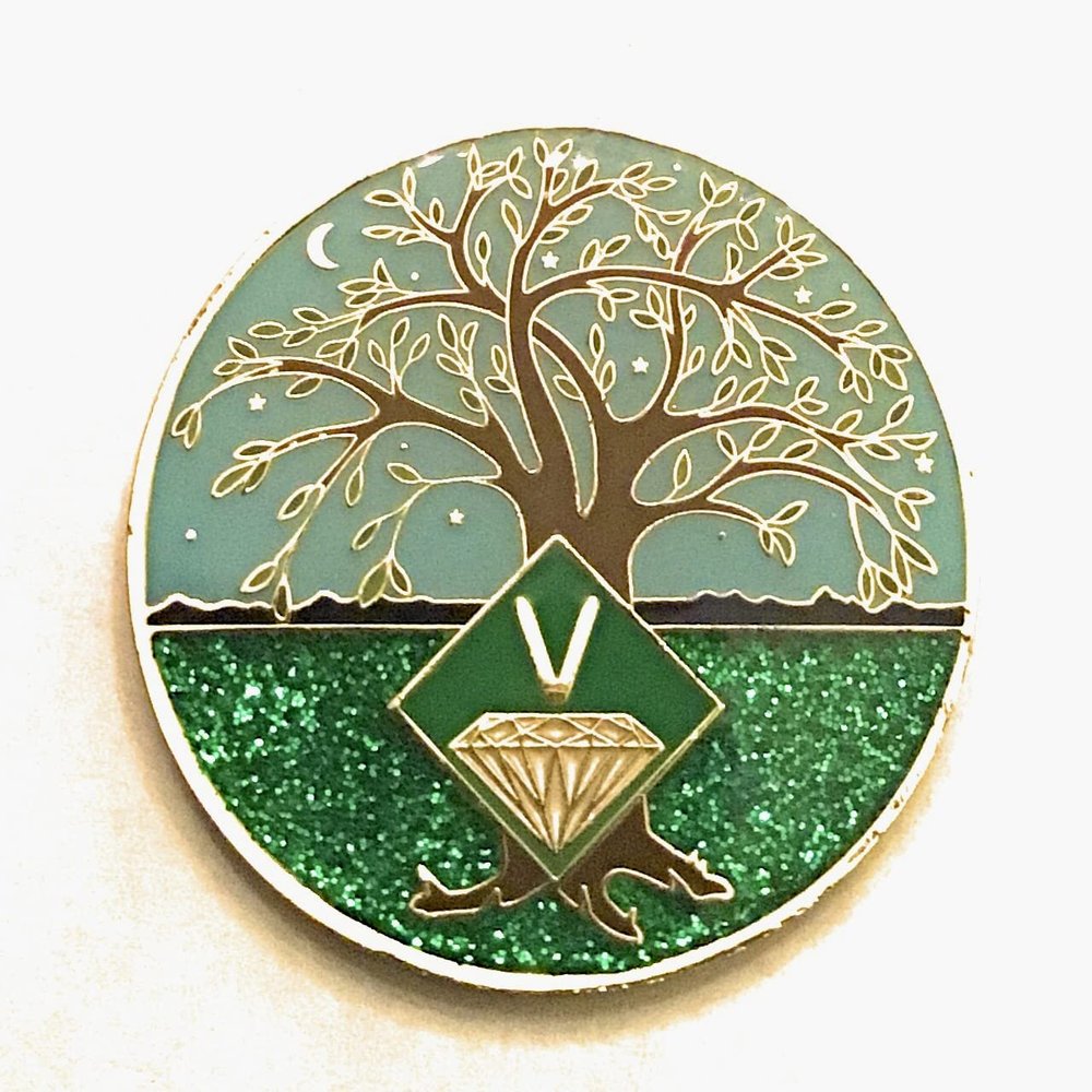 5 Year NA Medallion - Green & Blue Tree of Life , Glitter, Bling, Clean Recovery Chip, Token, Coin