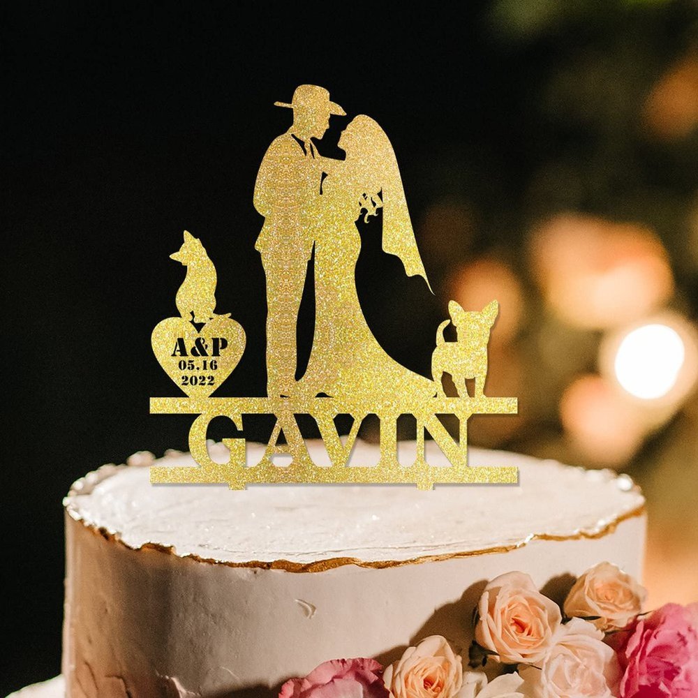 Bride And Groom Silhouette Rustic Wedding Cake Topper With Dog Gold Acrylic Custom Cake Topper With Basset Hound Dog Silhouette Bride And Groom Cake Topper For Wedding Mr & Mrs Wedding Cake Topper