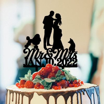 Bride And Groom Silhouette Wedding Cake Toppers With Dog Black Acrylic Custom Cake Topper With Rottweiler And Corgi Dog Bride And Groom Cake Topper For Wedding Mr & Mrs Wedding Cake Topper