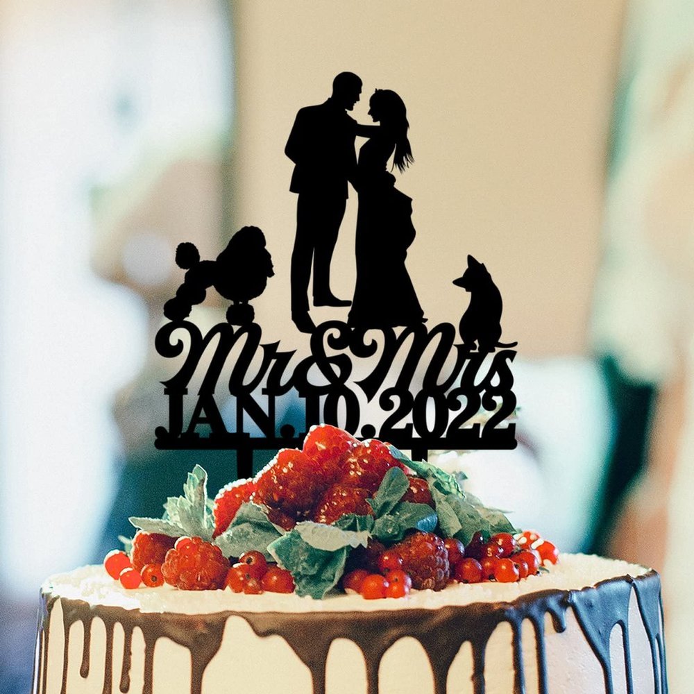 Bride And Groom Silhouette Wedding Cake Toppers With Dog Black Acrylic Custom Cake Topper With Rottweiler And Corgi Dog Bride And Groom Cake Topper For Wedding Mr & Mrs Wedding Cake Topper