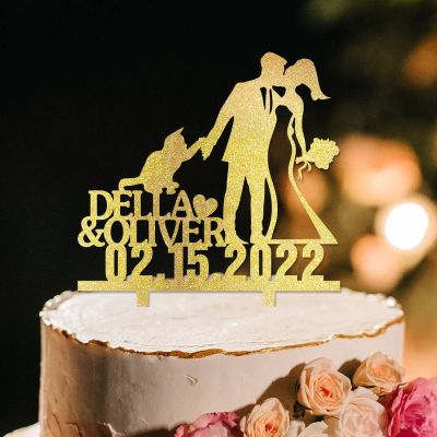 Bride And Groom Personalized Cake Toppers Mr & Mrs Wedding Cake Toppers Afro Black Couple Silhouette Wedding Cake Toppers With Pit Bull Dog And Border Collie Gold Acrylic Custom Cake Topper
