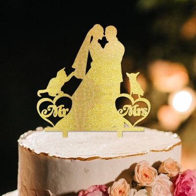 Engagement Cake Toppers Decorations Bride And Groom Cake Topper Bride And Groom Silhouette Cake Topper With Border Collie Dog Silhouette Gold Acrylic Custom Cake Topper For Wedding
