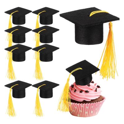 PRETYZOOM 10pcs Mini Graduation Caps with Yellow Tassel, Small Felt Graduation Hats for Craft, Wine Bottle Topper, Grad Cake Decoration, DIY Hairpin Accessory
