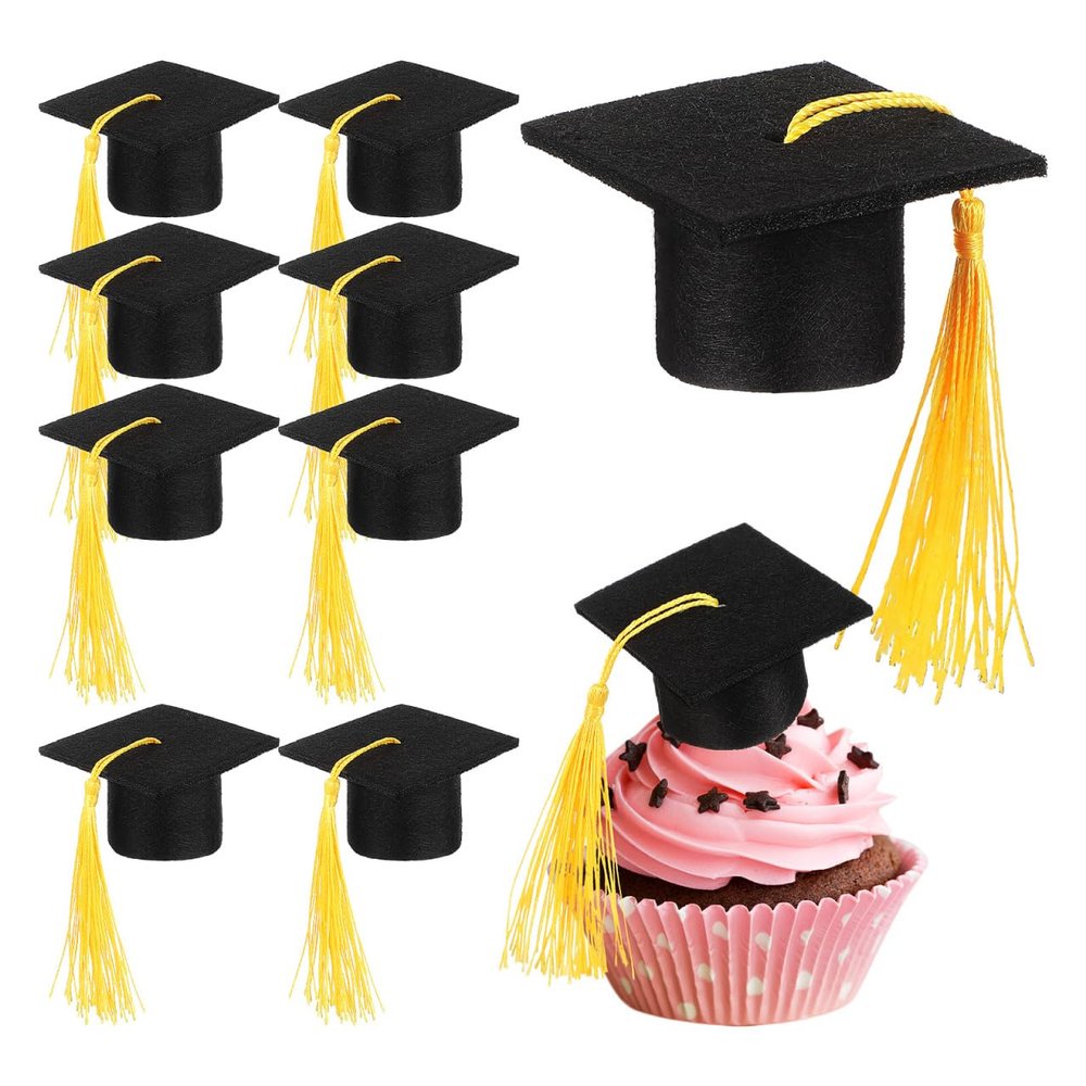 PRETYZOOM 10pcs Mini Graduation Caps with Yellow Tassel, Small Felt Graduation Hats for Craft, Wine Bottle Topper, Grad Cake Decoration, DIY Hairpin Accessory
