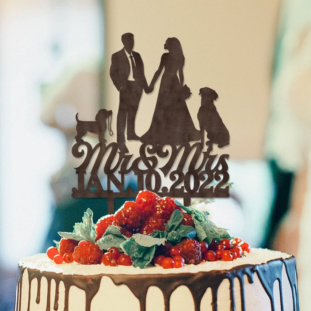 Bride And Groom Silhouette Rustic Cake Topper With Corgi Dog Silhouette Wood Brown Custom Cake Topper Engagement Cake Toppers Decorations Bride And Groom Cake Topper For Wedding