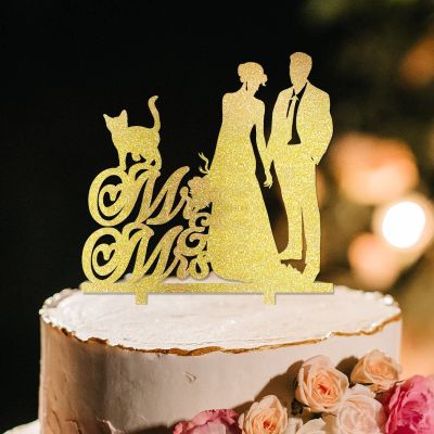 Bride And Groom Silhouette Rustic Cake Topper With Sphynx Cat And Chow Chow Gold Acrylic Custom Cake Topper Mr & Mrs Personalised Wedding Cake Topper Married Couple Cake Toppers
