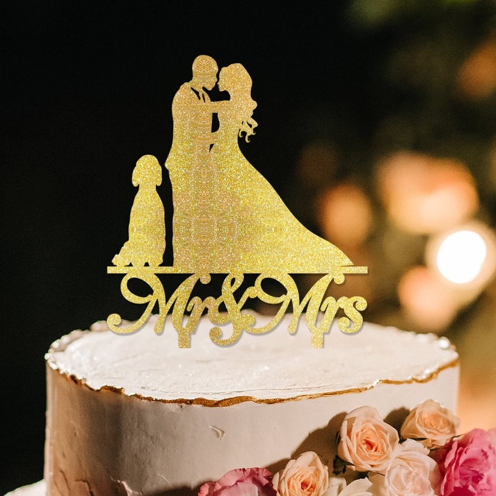 Bride And Groom Silhouette Cake Toppers With French Bulldog And Golden Retriever Gold Acrylic Custom Cake Topper Cake Topper For Bridal Shower Party Decoration Wedding Cake Toppers