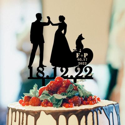 Bride And Groom Silhouette Wedding Cake Topper With Jack Russell Terrier And Corgi Dog Black Acrylic Custom Cake Topper Mr And Mrs Wedding Cake Topper Couple Married Bride Cake Toppers