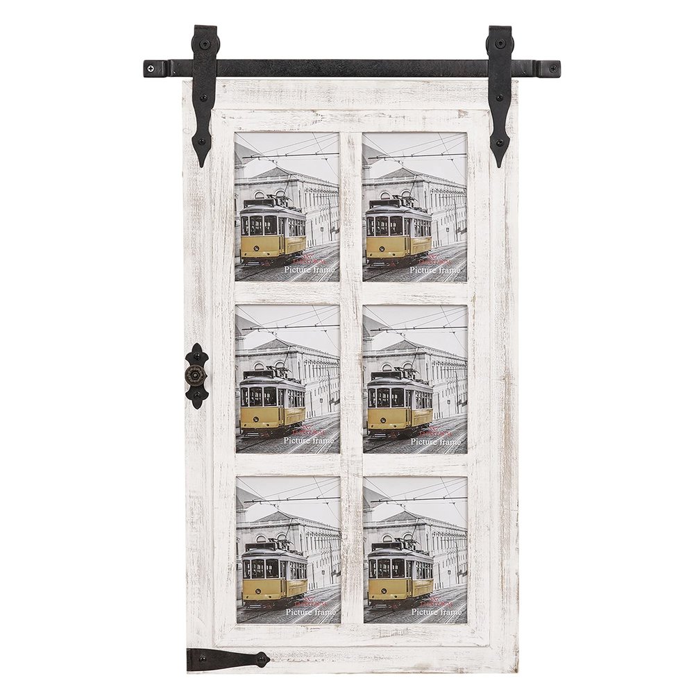 RiteSune White Wooden Barn Door 5x7 Photo Picture Frame Collage Wall Mounted for Family Entryway, Living Room, Bedroom