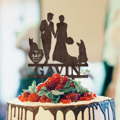 Bride And Groom Silhouette Wedding Cake Toppers With Rottweiler And English Bulldog Bride And Groom Personalized Cake Toppers Mr & Mrs Wedding Cake Toppers Wood Brown Custom Cake Topper