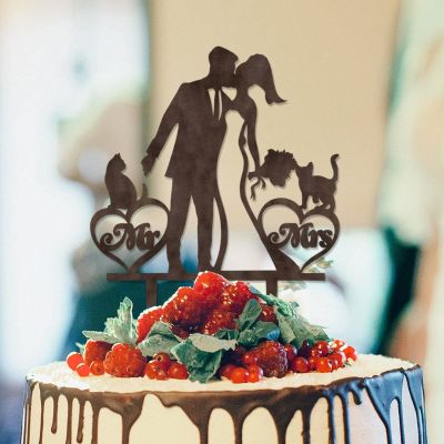 Afro Black Bride And Groom Silhouette Rustic Wedding Cake Toppers With Dog Doberman And Dachshund Bride And Groom Personalized Cake Toppers Mr & Mrs Wedding Cake Toppers Wood Brown Custom Cake Topper